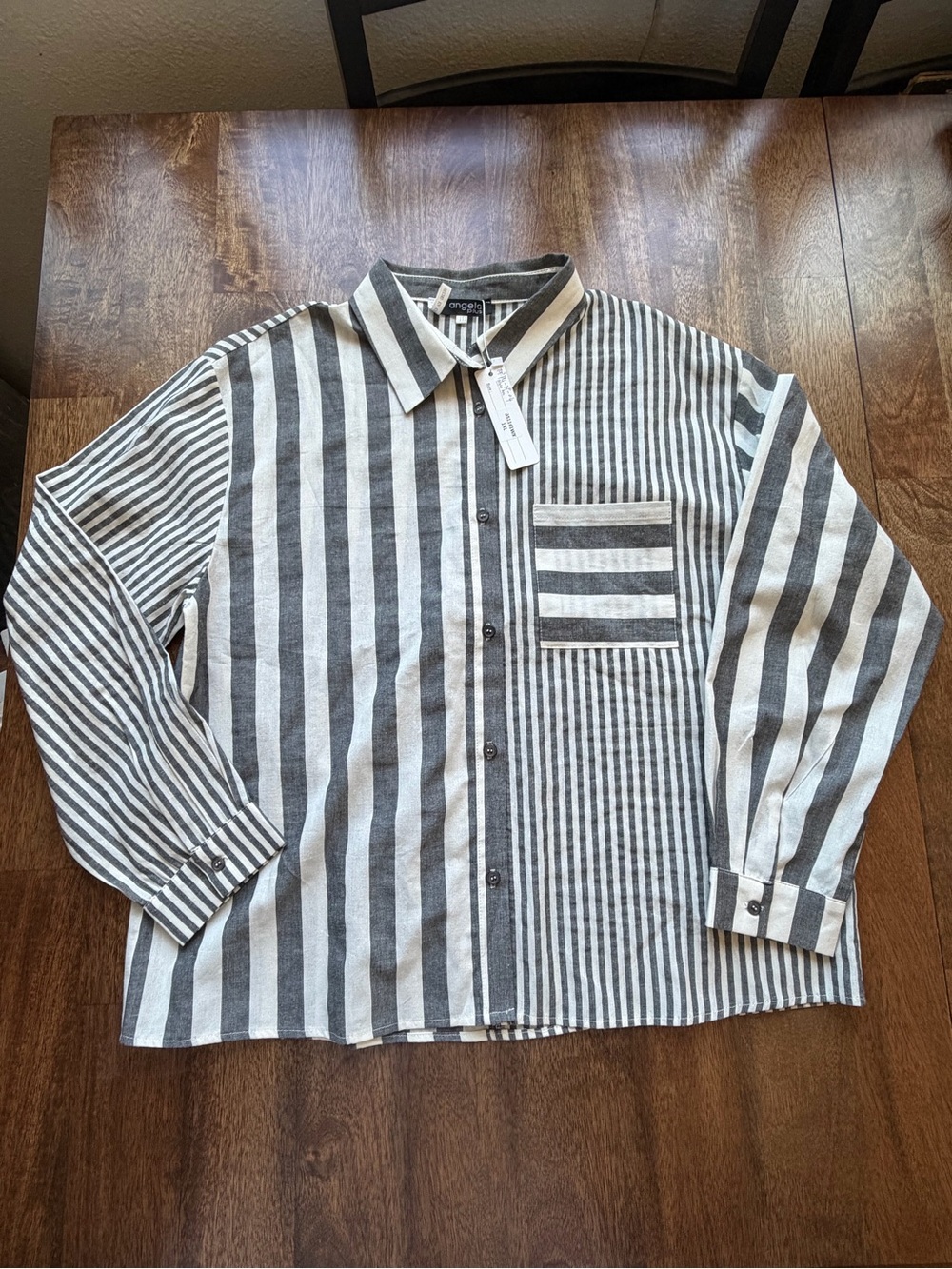 Striped Black & White Mixed-Stripe Button-Down Shirt